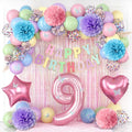 Pastel 9th Birthday Party Decorations for Girls Number 9 Balloon Happy Birthday Banner Butterfly Stickers Fringe Curtain Paper Pom Poms Macaron Pink Star Heart Foil Colorful Balloons 9 Year Old Decor