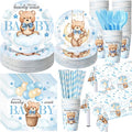 452 Pcs We Can Bearly Wait Baby Shower Decorations, Blue Bear Paper Plates Napkins Cups Tablecloth Cutlery Straws for Blue Baby Shower Gender Reveal Birthday Party Supplies, Serves 50