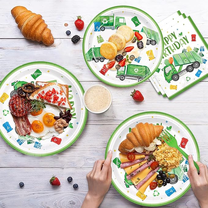 120pcs Garbage Truck Birthday Party Decorations Trash Truck Plates Napkins Green Forks Disposable Tableware Set Waste Management Recycling Rubbish Truck Birthday Party Supplies Serve 24 Guests