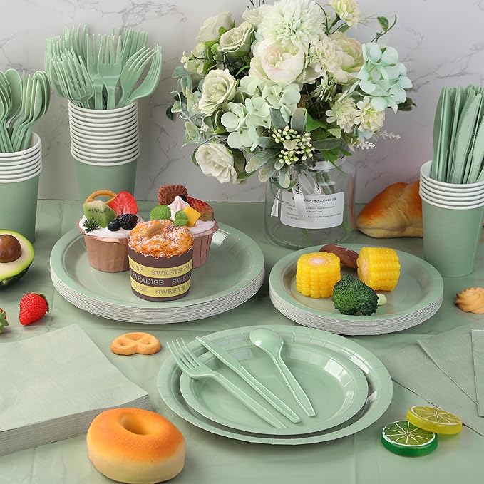 177 PCS Sage Green Party Supplies Sage Green Tableware Set Paper Plates Napkins Cups and Disposable Tablecloths for Wedding Bridal Shower Birthday Baby Shower Party Decorations, Serves 25