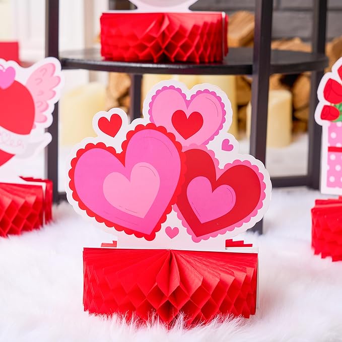 JOYIN 12 Pcs Valentine's Day Honeycomb Centerpieces, Table Decorations with Red Pink Heart Bear , Centerpieces Decor for Kids Birthday Valentine's Day Party Supplies
