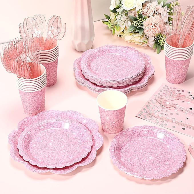 Hushee 175 Pcs Pink Holographic Print Party 25 Guests Disposable Dinnerware Set Include Paper Plates, Napkins, Paper Cups, Plastic Tableware for Birthday Party