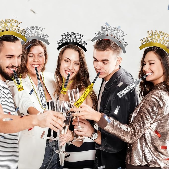 Openfly 36Pcs New Years Eve Party Supplies 2026 Happy New Year Hats Headband Tiara Noise Makers Paper Glasses Party Favors