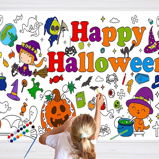 Halloween Coloring Tablecloth,30 x 72 Inches Giant Coloring Poster Halloween Paper Coloring Banner for Party Decorations