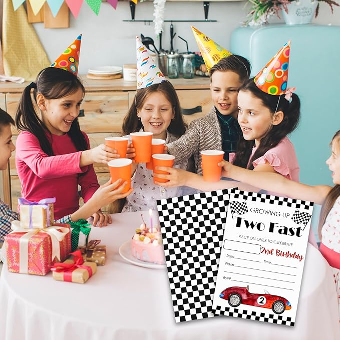 Growing Up Two Fast 2nd Birthday Party Invitations - 20-Pack of 4''x6'' Racing Car Invite Cards with Envelopes, Double-Sided Fill In Birthday Party Celebrate Supplies & Decoration For Girls Boys - A10