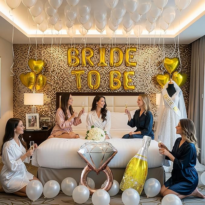 Gold Decorations pearl White balloons Bridal Veil BRIDE TO BE Balloons Sash with Diamond Ring Heart Champagne Balloons for Bachelorette Party Decor Bride To Be Bridal Showerr