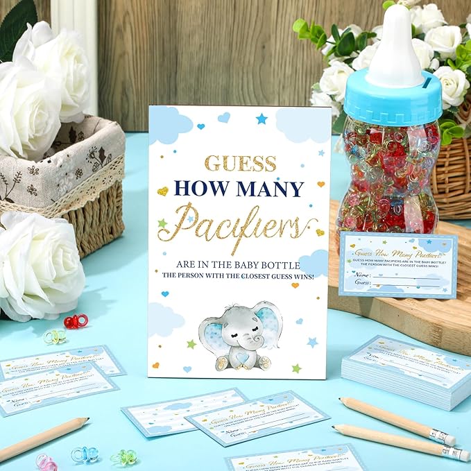 Syhood Blue Color Elephant Theme Baby Shower Games Guess How Many Pacifiers Game Sign 50 Small Guessing Games 20 HB Pencils 750 ml Milk Bottle 400 Pacifiers Decorations Guests Gender Reveal Party