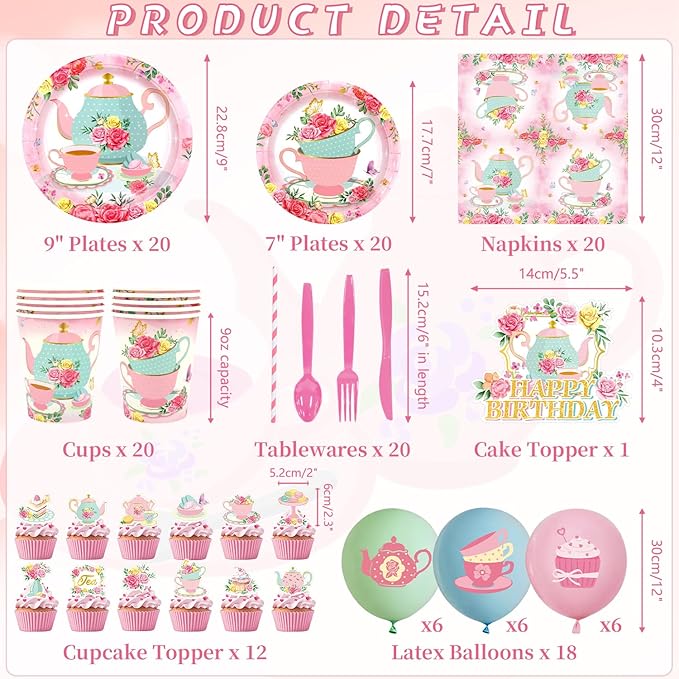 KEFAN Tea Birthday Party Decorations, Tea Theme Party Tableware Supplies including HAPPY BIRTHDAY Banner, Plates, Cups, Napkins, Tablecloth, Balloons for Girls Birthday Party, Serves 20