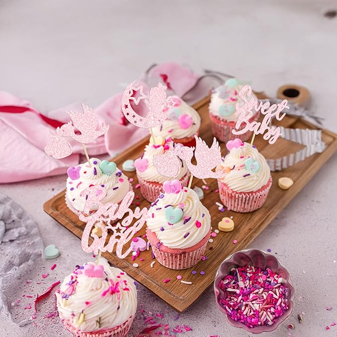 24Pcs Sweet Baby Girl Cupcake Toppers Moon Star Light Pink Glitter Baby Shower Cupcake Picks Decorations for Gender Reveal Baby Shower Kids Girls Birthday Party Supplies