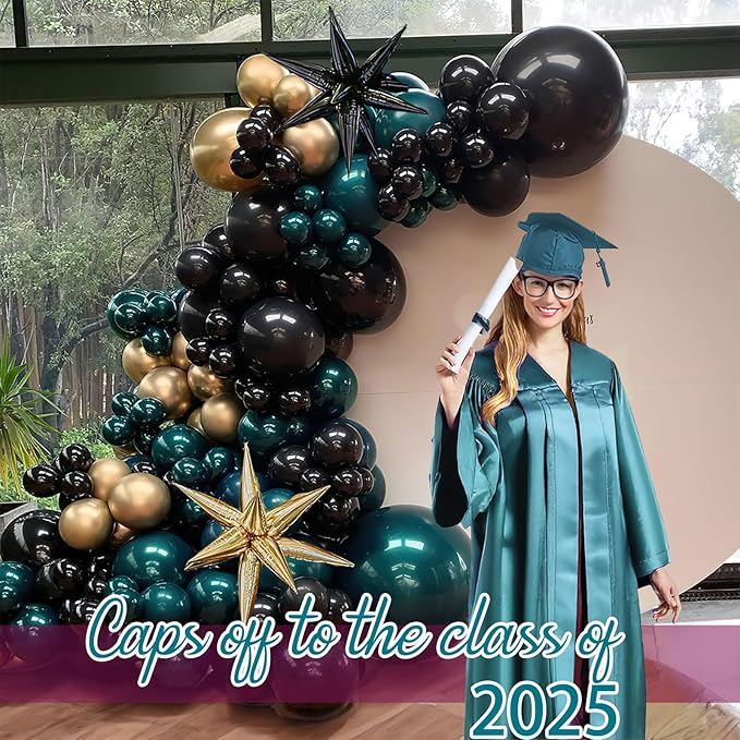 Chrome dark Teal and gold black Balloon Garland Kit 170Pcs Double-Stuffed Navy Teal Blue With Starburst Balloons for Birthday Luxury shop happy grad eve decorations 2025
