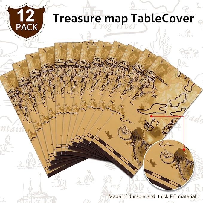 Irenare 12 Pieces Pirate Tablecloth for Party Decor - 54 x 108 Inches Pirate Treasure Map Tablecover Plastic Island Treasure Table Covers Navigation Supplies for Birthday Party Decoration
