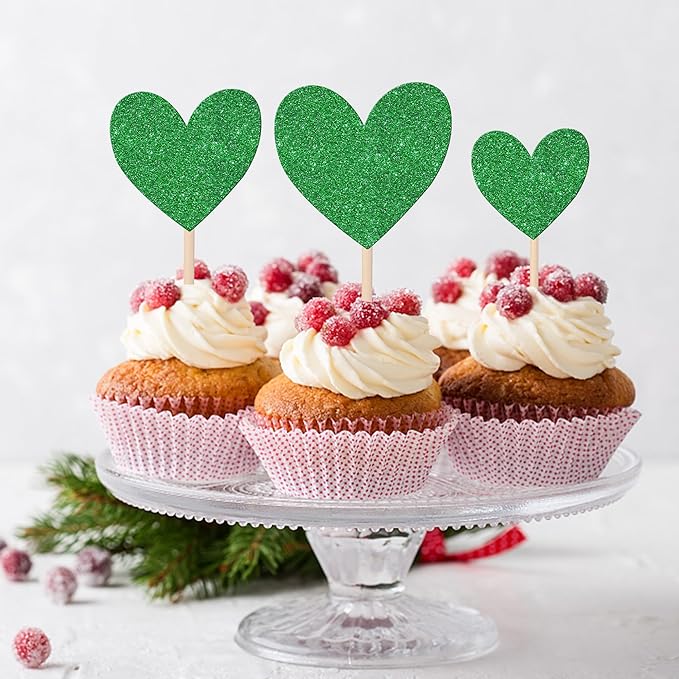 30 PCS Love Heart Cupcake Toppers Glitter Sweet Love Cupcake Picks Bridal Shower Wedding Engagement Cake Decorations for Valentine's Day Baby Shower Birthday Anniversary Party Supplies Green