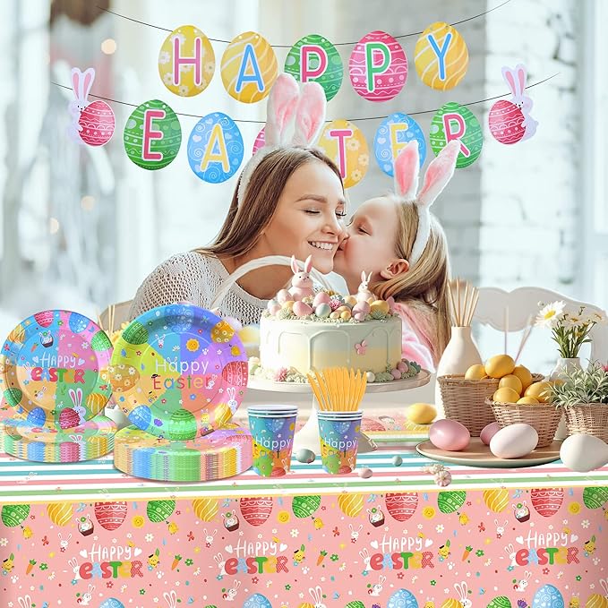 Easter Party Supplies Set - Disposable Easter Plates and Napkins Kit for 10 Guests, Includes Dinner & Dessert Plates, Cups, Cutlery, Napkins, Banner, Tablecloth for Easter Dinner, Spring Party