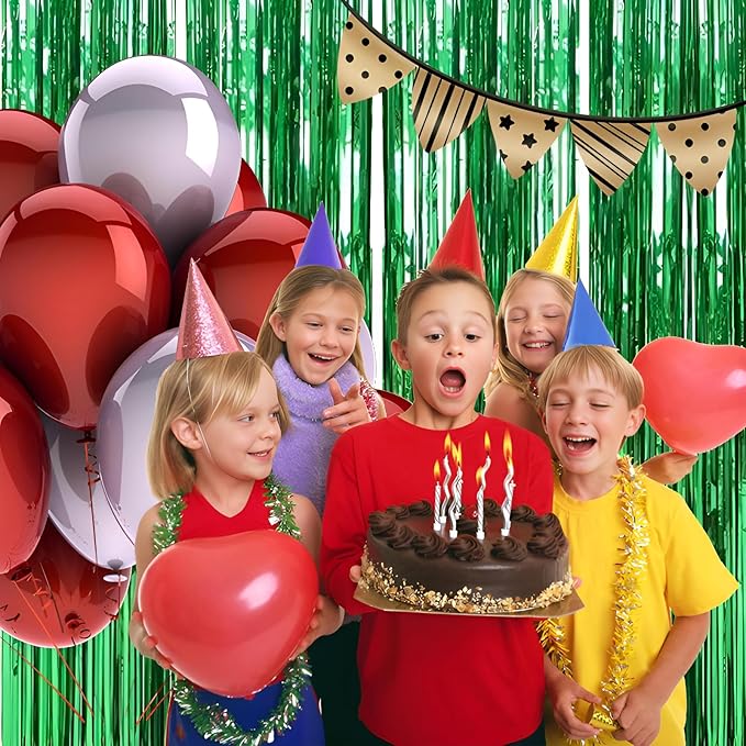Valentines Day 4 Pack 3.3 * 8.3 ft Foil Curtain Metallic Tinsel Fringe Curtains Photo Booth Props Backdrop for Birthday Wedding Engagement Baby Shower Christmas Holiday Celebration Partyl,Green