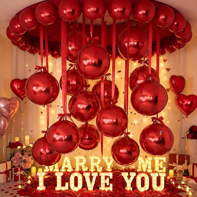12Pcs Red Round Balloons Foil, 22" 18" 15" 10" 4D Round Ball Balloon, Big Metallic Red Foil Balloons Helium for Valentine Day Graduation Christmas New Year Prom Birthday Party Decorations Supplies