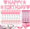 MOVINPE Pink Birthday Party Decoration, Happy Birthday Banner, Rose Gold Fringe Curtain, Foil Tablecloth, Heart Star Foil Confetti Balloons, 10g Table Confetti for Women Girl Birthday Party
