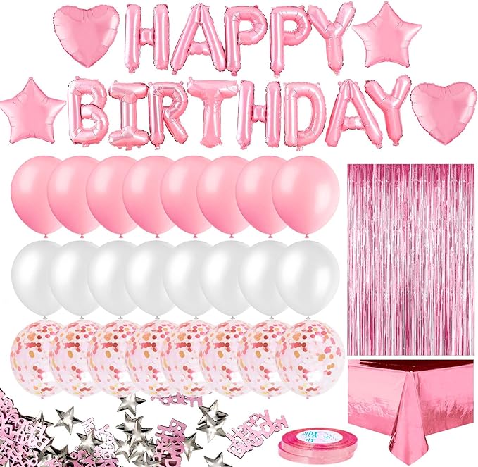 MOVINPE Pink Birthday Party Decoration, Happy Birthday Banner, Rose Gold Fringe Curtain, Foil Tablecloth, Heart Star Foil Confetti Balloons, 10g Table Confetti for Women Girl Birthday Party