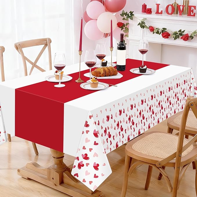 Hxezoc 54 x 108 Inch Valentines Day Tablecloth, Disposable Heart Plastic Table Cover for Girls Kids Valentines Birthday Baby Shower Party Decorations Outdoor Indoor Party Supplies