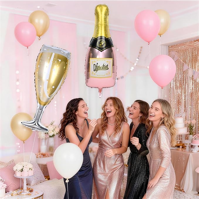 Champagne Bottle Glass Balloons 4pcs, Large Champagne Wine Foil Mylar Balloons for Women Girls Birthday Bachelorette Bridal Shower Wedding Anniversary Engagement Celebration Party Decorations Supplies