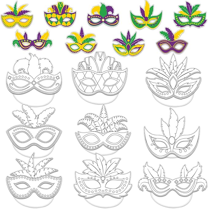 36 Set Carnival Coloring Mask Mardi Gras Paper Art Craft Kid Color Your Own Style Blank DIY Mask Masquerade Birthday Party Dress-Up Decorations Favor School Classroom Activity Game Supplies