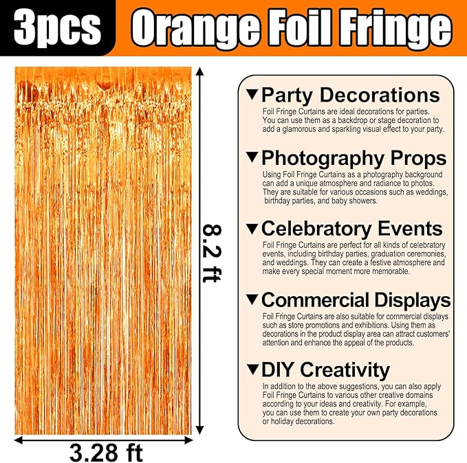 3 Pack Orange Foil Fringe Curtain Backdrop, 3.28Ft x 8.2Ft Metallic Tinsel Foil Fringe Streamer Curtains for Photo Booth, Mother's Day, Easter, Birthday, Wedding Party Decorations