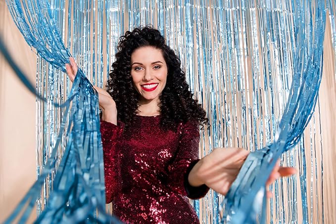 Light Blue Foil Fringe Curtains Party Decorations, Melsan 3.2 x 8 ft Foil Curtains Tinsel Backdrop for Ocean, Baby Shark Theme Birthday Decorations - Pack of 2