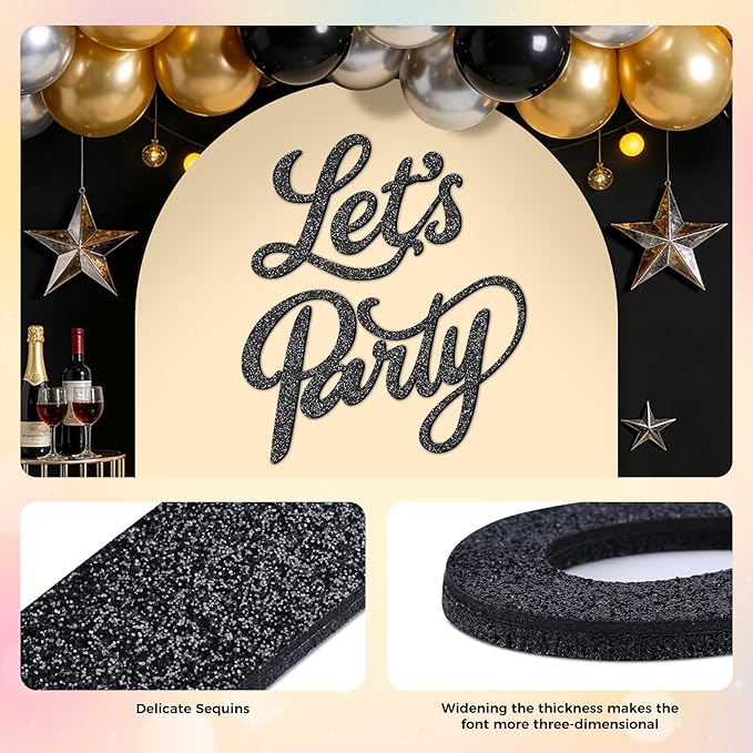 Babenest Let's Party Felt Sign, Flash Black Reusable Glitter Letter Banner for Backdrop, Balloon Arch Decor, Party Supplies for Graduation, Birthday, Wedding, Bachelorette, Christmas, Home Bar, Man Cave Wall Decorations
