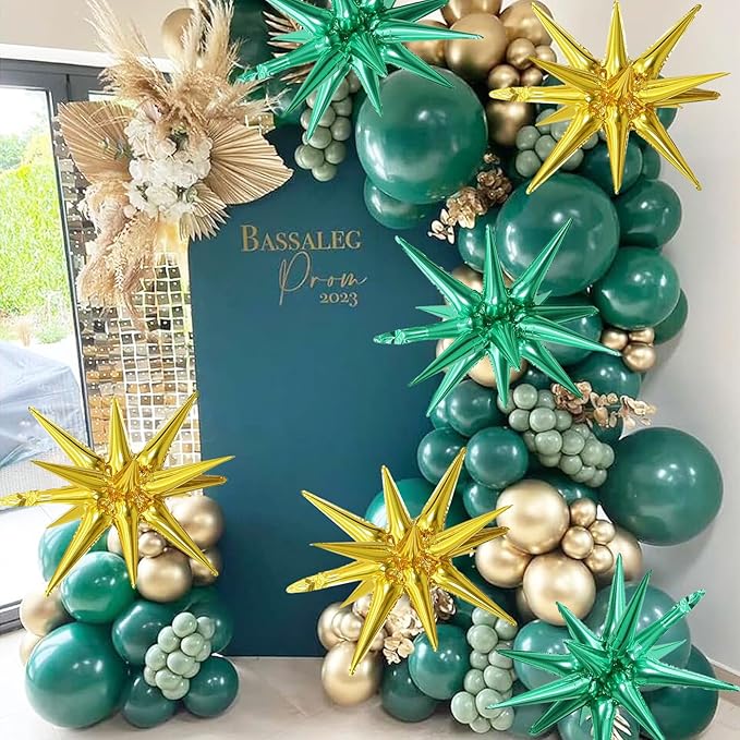 6PCS Green Gold Star Balloons, 22Inch Large Star Shaped Balloon Foil Spike Balloon Cone Balloons for Graduation Birthday St. Patrick's Day Baby Shower Jungle Party Decorations