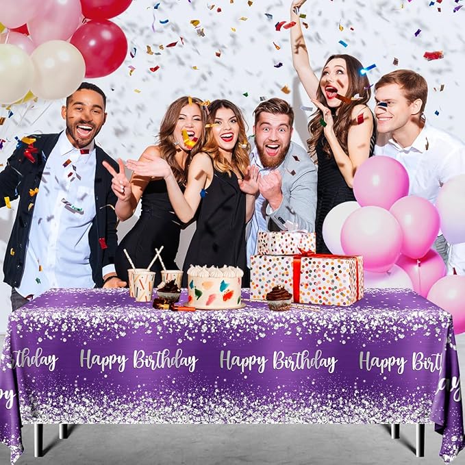 Purple and Silver Birthday Party Supplies,3pcs Purple Glitter Sliver Birthday Party Tablecloth Waterproof pur ple Theme Table Cover for Girl Women Birth Day Supplies