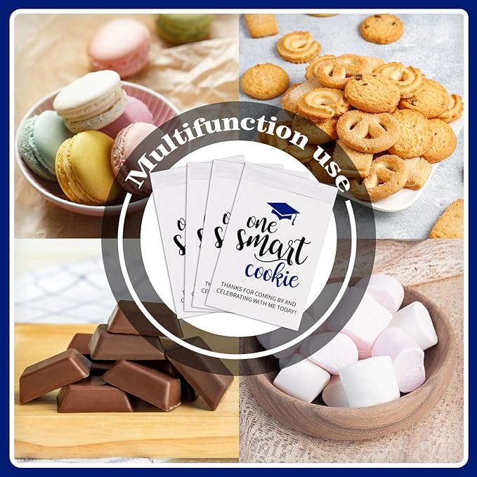 Whaline 100Pcs Graduation Cookie Treat Bags White-Blue One Smart Cookie Self Adhesive Buffet Paper Bags for Congrats Grad School Party Supplies, 5.1 x 7.1 Inch