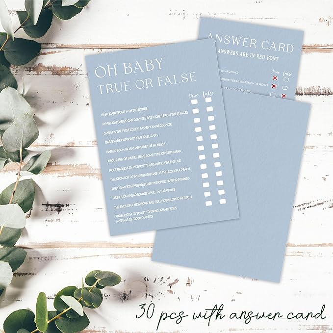 Oh Baby True Or False Game Kit - Minimalism Mist Blue - 30 Fill In Game Cards & 1 Answer Card, Gender Reveal & Baby Announcement Party Favor & Decor - B04