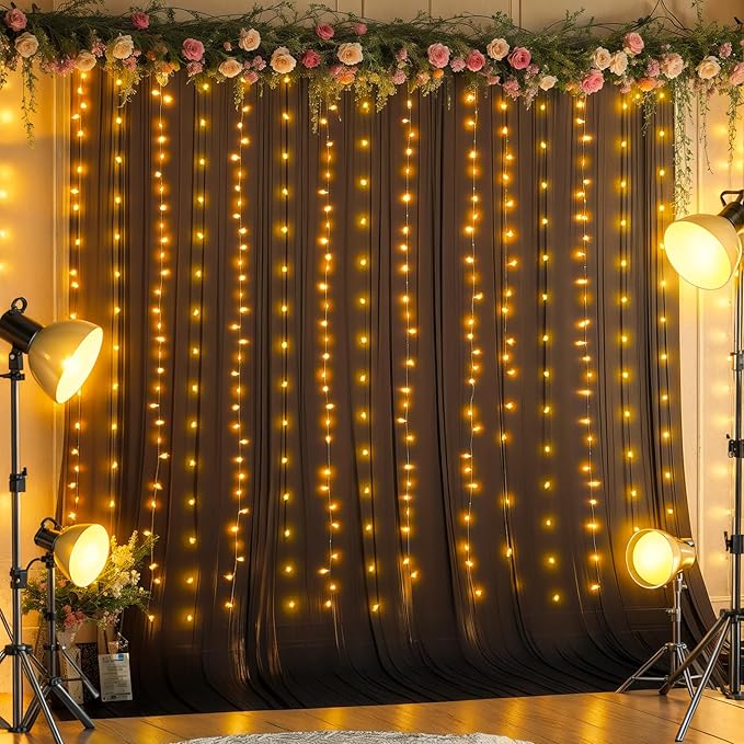 10x10FT Black Wrinkle Free Backdrop Curtains with Lights String for Parties - Photo Curtain Backdrop with Lights for Wedding Decorations, Bridal Baby Shower Birthday Party Photography Background