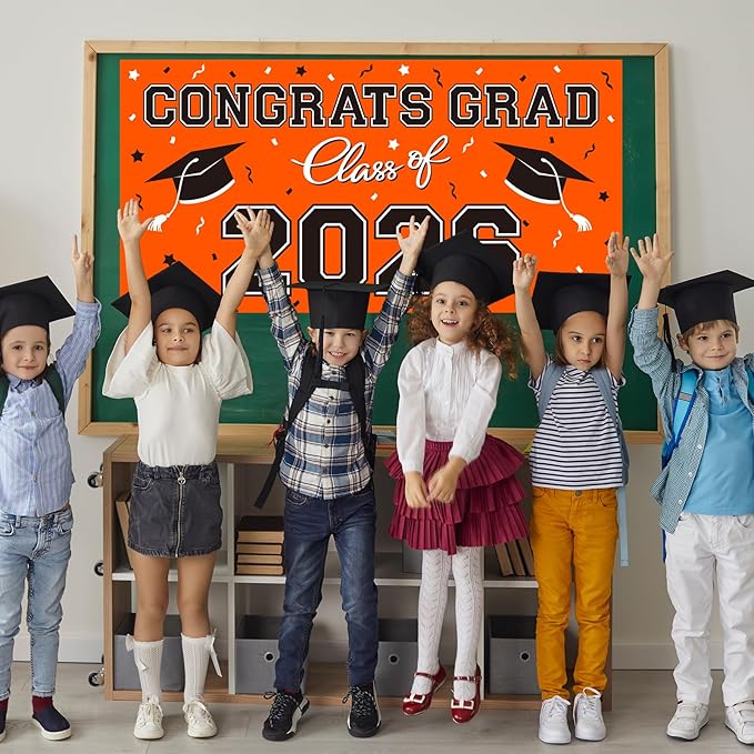 2026 Graduation Party Plastic Backdrop - 65" x 32.7" Congrats Grad Banner in Orange, Large Class of 2026 Decorations, Photography & Grad Party Supplies