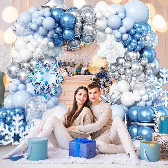 Winter Wonderland Balloon Arch Garland Kit, Baby Blue and White Balloons with Snowflake Star Foil Balloons for Ice Wonderland Christmas Baby Shower Princess Theme Birthday Party Decorations Supplies
