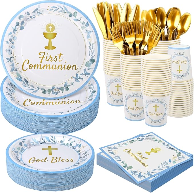 Kochorie 400 Pieces Blue First Communion Decorations, Disposable First Holy Communion Party Tableware Set with Plates Cups Napkins Cutlery Serves 50 for Baby Shower God Bless Baptism Party Supplies