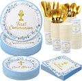Kochorie 400 Pieces Blue First Communion Decorations, Disposable First Holy Communion Party Tableware Set with Plates Cups Napkins Cutlery Serves 50 for Baby Shower God Bless Baptism Party Supplies