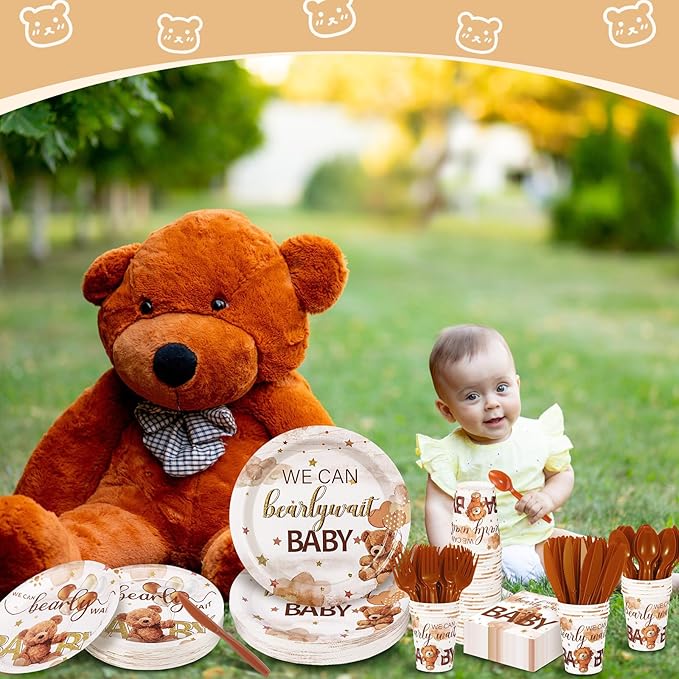 Dandat 350 Pcs Baby Shower Party Supplies Serves 50 Tableware Sets Include Plates Napkin Cup Forks Knives Spoons Disposable Dinnerware(Bear,Brown)