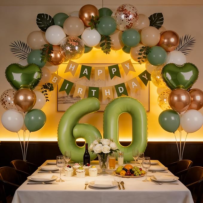 Sage Green 60th Birthday Decorations, Sassy 60 Party Supplies for Women Men, Sand White & Cream Balloon Kit with Green Number 60 Balloon and Fringe Curtains