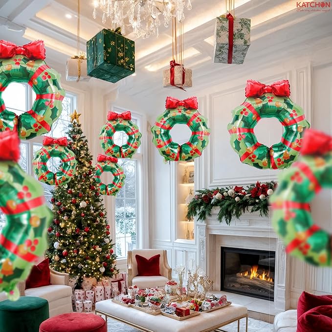 KatchOn, Wreath Christmas Balloons – Pack of 8 | Christmas Decorations Indoor | Wreath Balloons with Red Bow for Holiday Celebrations, Family Gatherings | Outdoor Xmas Decorations