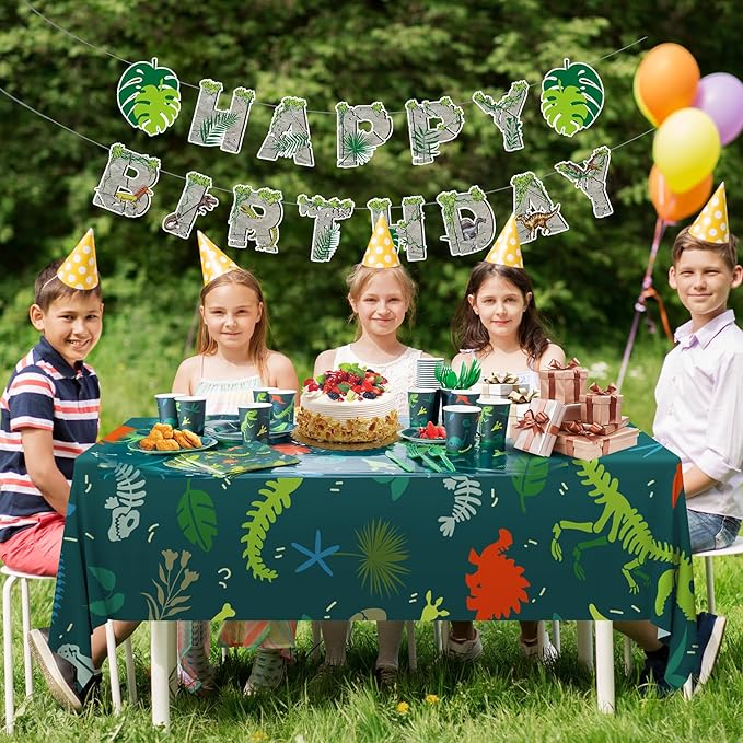 Dinosaur Birthday Decorations, 170 Pcs Dinosaur Party Supplies Including Banner, Plates, Cups, Napkins, Cutlery and Tablecloths, Serves 24