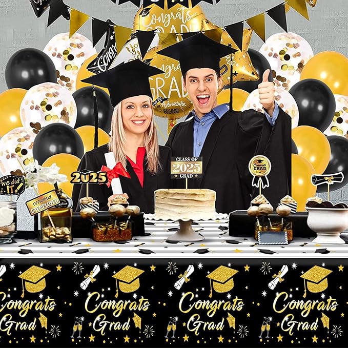 Graduation Tablecloth Party Decorations 2026, 3 Pack Thick Black and Gold 54"x108" Congrats Grad Disposable Table Covers Plastic Cloth Tablecover for College High School Class of 2026 Party Supplies