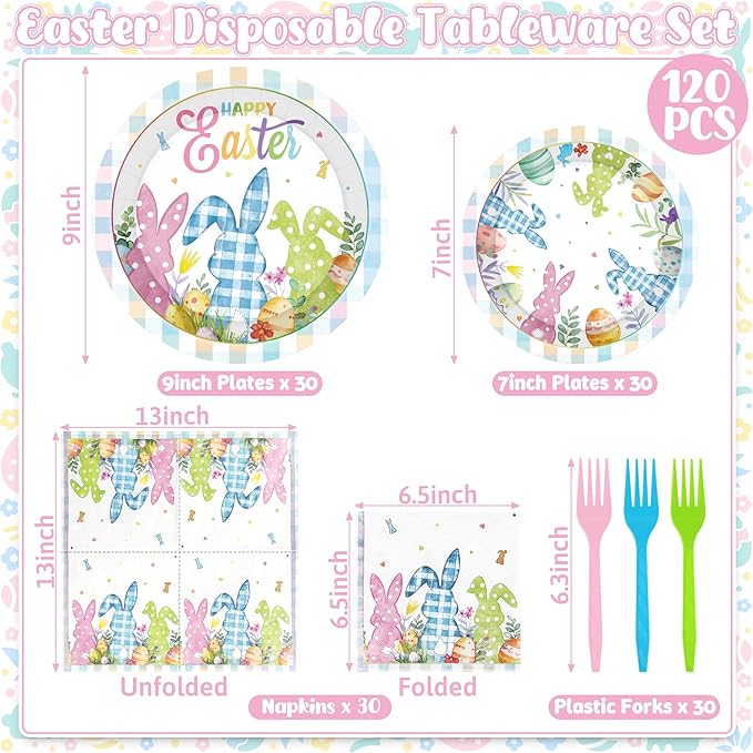 QZYL 120Pcs Easter Plates and Napkins, Disposable Easter Decorations Dinnerware for 30 Guests, Colorful Spring Bunny Paper Plates and Napkins, 9″ and 7″ Tableware for Easter Party Favors Spring Event