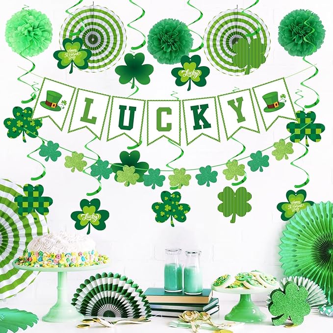 St-Patricks Day Party-Decoration Green-Shamrock Garland - 25pcs Saint St. Patrick's Tissue Paper Pom Poms Fan Streamers Swirl,Irish Lucky Banner, Baby Shower Birthday Hanging Decor Lasting Surprise