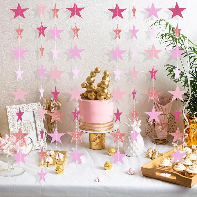 Patelai Glitter Star Garland Banner 2026 Graduation Decor 130 Feet Star Hanging Banner Twinkle Backdrop for Party Birthday Classroom Wedding Supplies(Pink,Purple)