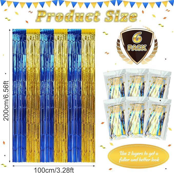 6 Pack 3.3Ft x 6.6Ft Graduation Foil Fringe Curtain Backdrop Decorations, Blue Gold Metallic Tinsel Foil Streamers Curtain Photo Booth Background for Graduation Prom Wedding Birthday Party Decorations