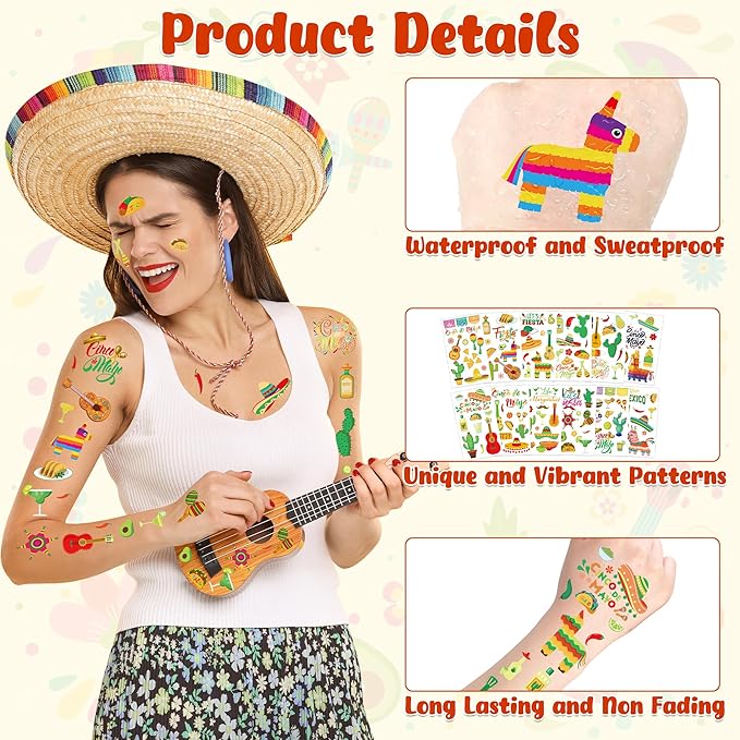 127 Pcs Cinco De Mayo Temporary Tattoos, 12 Sheets Metallic Fiesta Fake Tattoos for Cinco De Mayo Party Favors, Cactus Mexican Themed Tattoo for Mexican Fiesta Party Decorations Supplies Gifts Prize