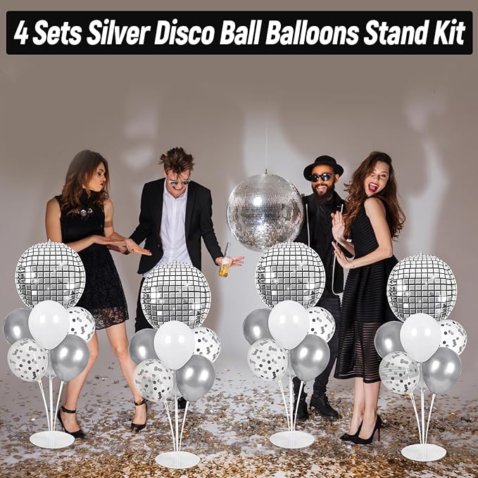 4 Sets Prom Silver Disco Ball Party Balloons Stand Kit with 4 Metallic Ball Foil Balloons Disco Themed Balloon 70s 80s 90s Dance Party Balloon Centerpiece for Tables Birthday Baby Shower Decorations