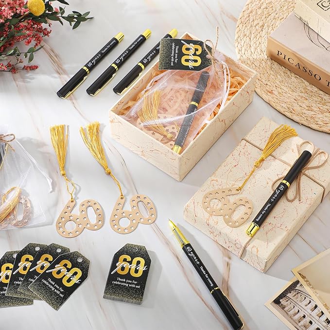 Spakon 25 Set 60th Birthday Party Favor for Guest Anniversary Party Favor Golden Birthday Bookmark Thanks for Coming Pen with Tag Appreciation Gifts for Women Men Wedding New Year
