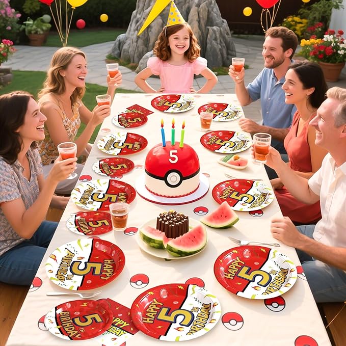Grencian 96Pcs 5th Cartoon Happy Birthday Party Supplies Red and White Paper Plates and Napkins Tableware Sets Large Anime Themed Decoration for Birthday Cartoon Kids Children Party Serves 24