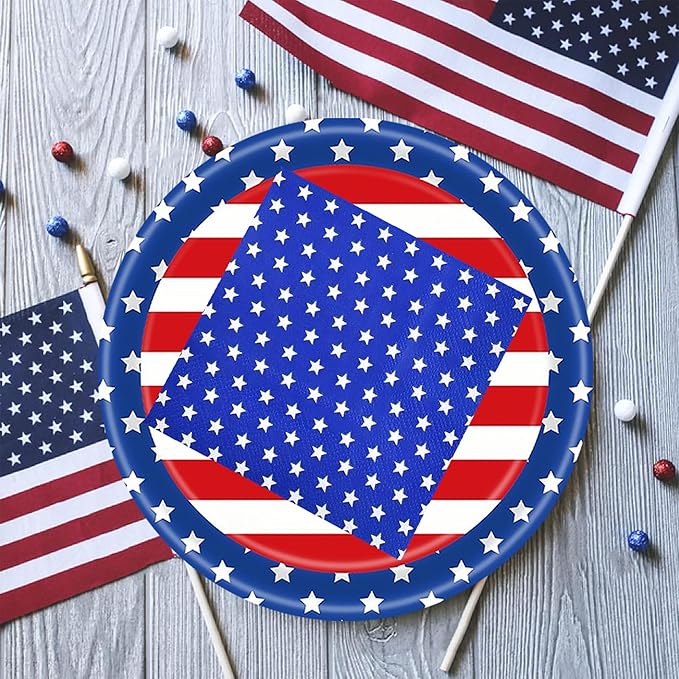 4th of July Party Supplies Set, Patriotic Party Decorations Sets,American Flag Banner Plates and Napkin Tablecloths, 4th of July Decorations Red White and Blue for Memorial ,Serve 25